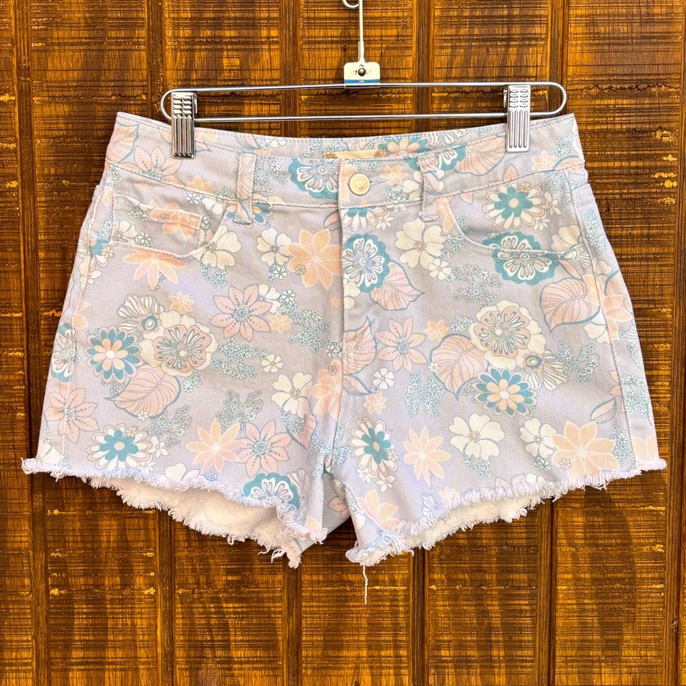 Altar’d State Light Blue & Light Pink Floral Cut Off Denim Jean Shorts